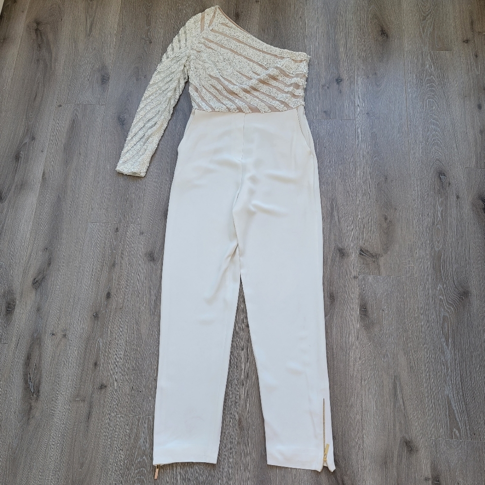Elie Saab One-Shoulder Cream Sequin Jumpsuit